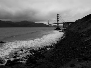 Preview wallpaper coast, sea, bridge, black and white