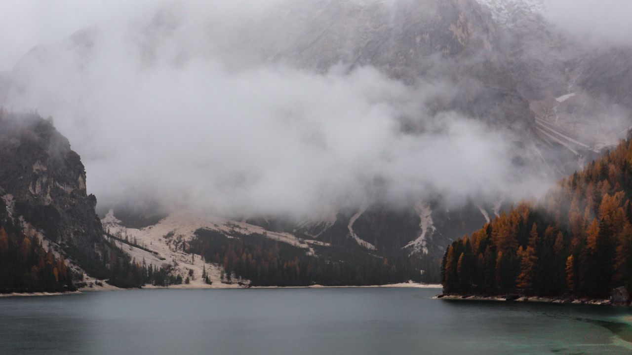 Wallpaper coast, sea, building, fog, mountains