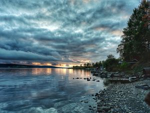 Preview wallpaper coast, sea, clouds, twilight, landscape