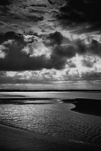 Preview wallpaper coast, sea, clouds, black and white, dark