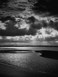 Preview wallpaper coast, sea, clouds, black and white, dark