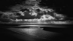 Preview wallpaper coast, sea, clouds, black and white, dark