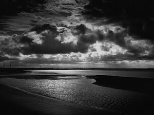 Preview wallpaper coast, sea, clouds, black and white, dark