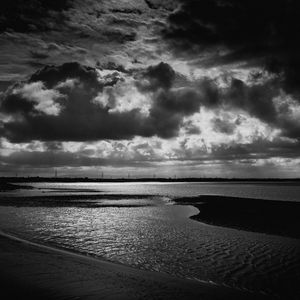 Preview wallpaper coast, sea, clouds, black and white, dark