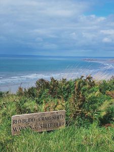 Preview wallpaper coast, sea, grass, signpost, landscape