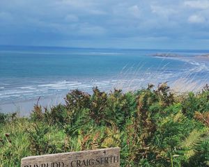 Preview wallpaper coast, sea, grass, signpost, landscape