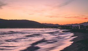 Preview wallpaper coast, sea, hills, sunset, beach