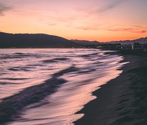 Preview wallpaper coast, sea, hills, sunset, beach