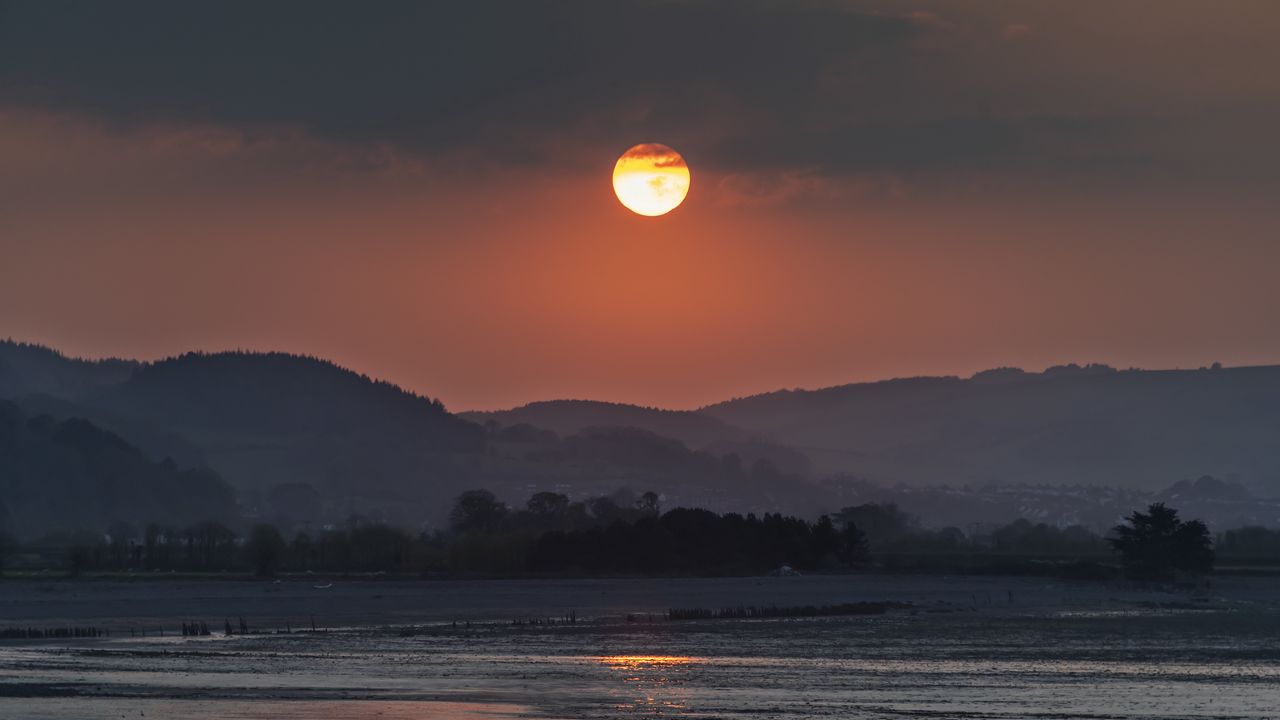 Wallpaper coast, sea, hills, sun, sunset
