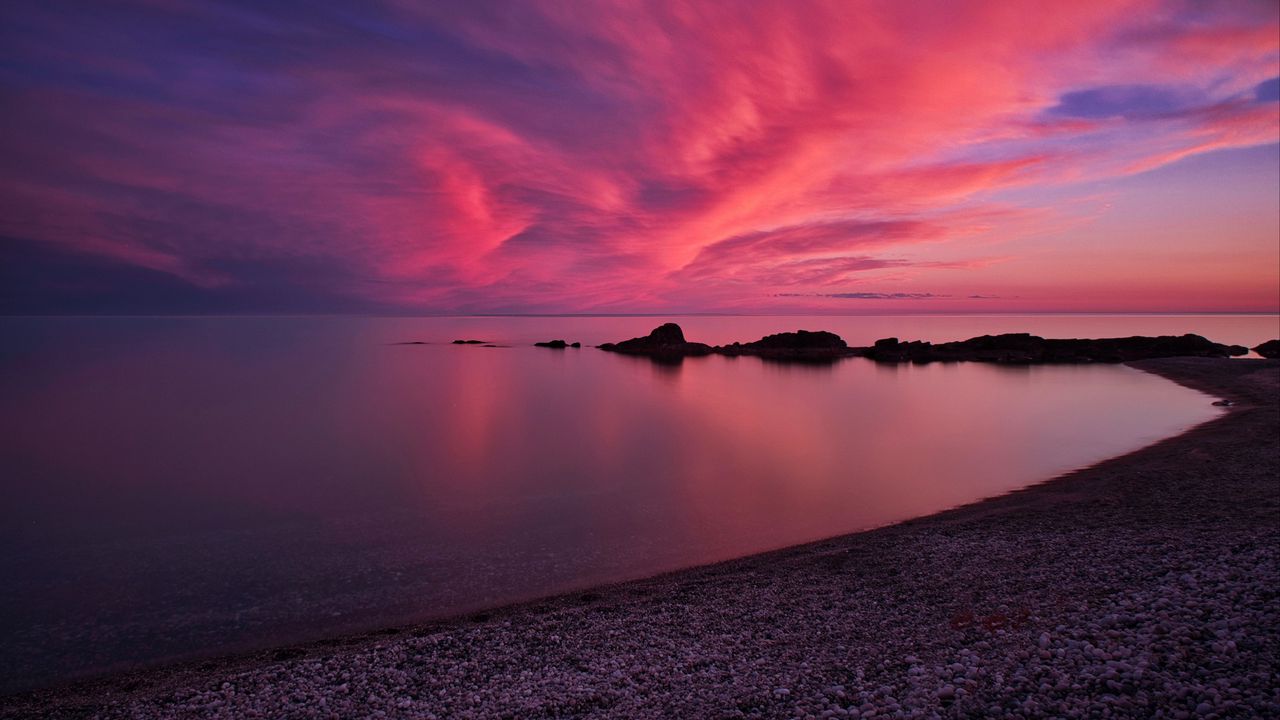 Wallpaper coast, sea, pebbles, stones, sunset, nature