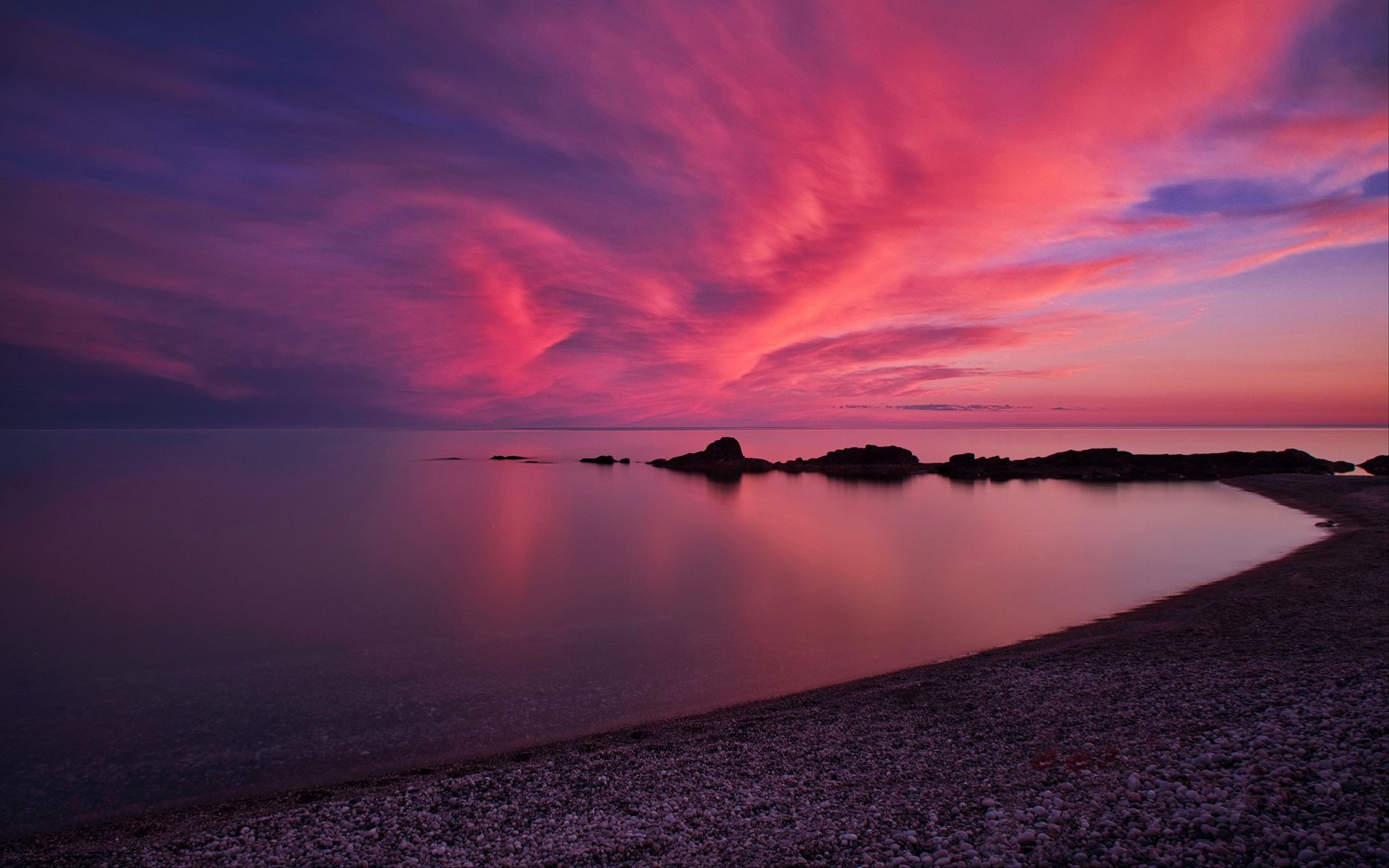 Download wallpaper 1920x1200 coast, sea, pebbles, stones, sunset