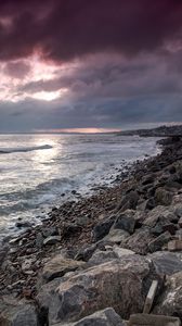 Preview wallpaper coast, sea, pebbles, stones, clouds, nature