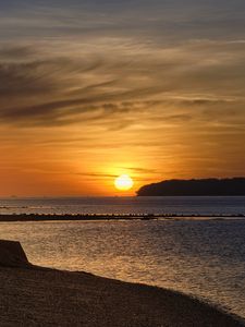 Preview wallpaper coast, sea, pier, sunset, hills