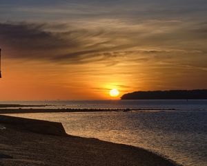 Preview wallpaper coast, sea, pier, sunset, hills