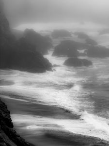 Preview wallpaper coast, sea, rocks, waves, bw