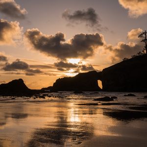 Preview wallpaper coast, sea, rocks, sunset, nature