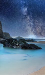 Preview wallpaper coast, sea, rocks, milky way, sand, night