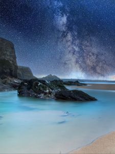 Preview wallpaper coast, sea, rocks, milky way, sand, night