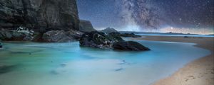 Preview wallpaper coast, sea, rocks, milky way, sand, night