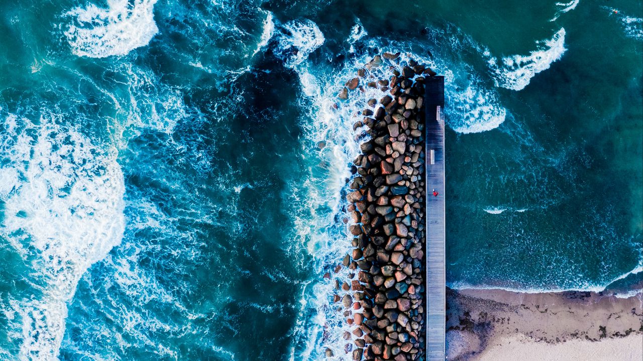Wallpaper coast, sea, stones, aerial view, foam