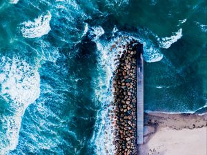 Preview wallpaper coast, sea, stones, aerial view, foam