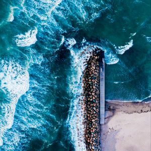 Preview wallpaper coast, sea, stones, aerial view, foam