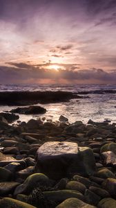 Preview wallpaper coast, sea, stones, sunrise, landscape