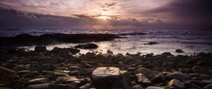 Preview wallpaper coast, sea, stones, sunrise, landscape