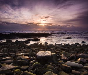 Preview wallpaper coast, sea, stones, sunrise, landscape