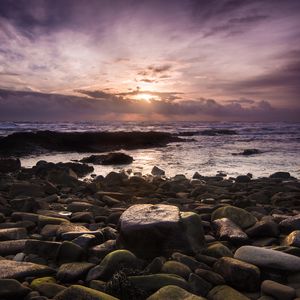 Preview wallpaper coast, sea, stones, sunrise, landscape