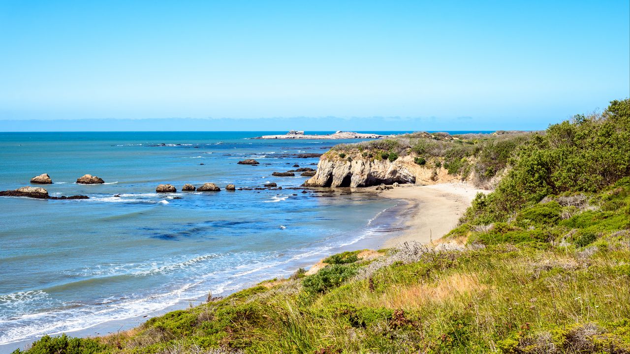 Wallpaper coast, sea, stones, grass, landscape