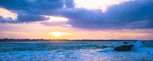 Preview wallpaper coast, sea, sunset, dusk, glare