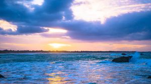 Preview wallpaper coast, sea, sunset, dusk, glare