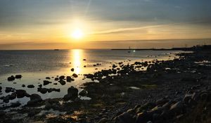 Preview wallpaper coast, sea, sunset, horizon, evening