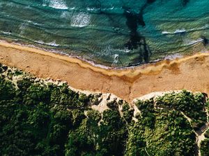 Preview wallpaper coast, sea, vegetation, beach, sand, surf, aerial view