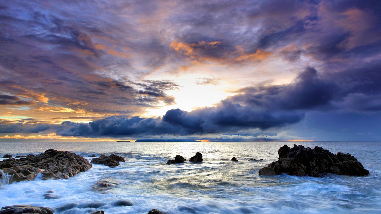 Wallpaper coast, sea, water, cloudy, stones, sky