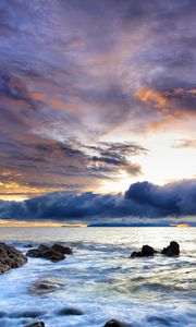 Preview wallpaper coast, sea, water, cloudy, stones, sky