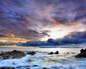 Preview wallpaper coast, sea, water, cloudy, stones, sky