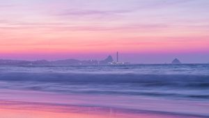 Preview wallpaper coast, sea, wave, lights, hills