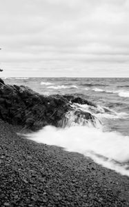 Preview wallpaper coast, sea, waves, stones, nature, black and white