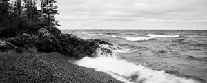 Preview wallpaper coast, sea, waves, stones, nature, black and white