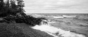 Preview wallpaper coast, sea, waves, stones, nature, black and white