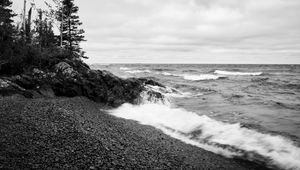 Preview wallpaper coast, sea, waves, stones, nature, black and white