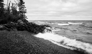 Preview wallpaper coast, sea, waves, stones, nature, black and white