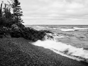 Preview wallpaper coast, sea, waves, stones, nature, black and white