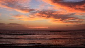 Preview wallpaper coast, sea, waves, clouds, sunset, dark