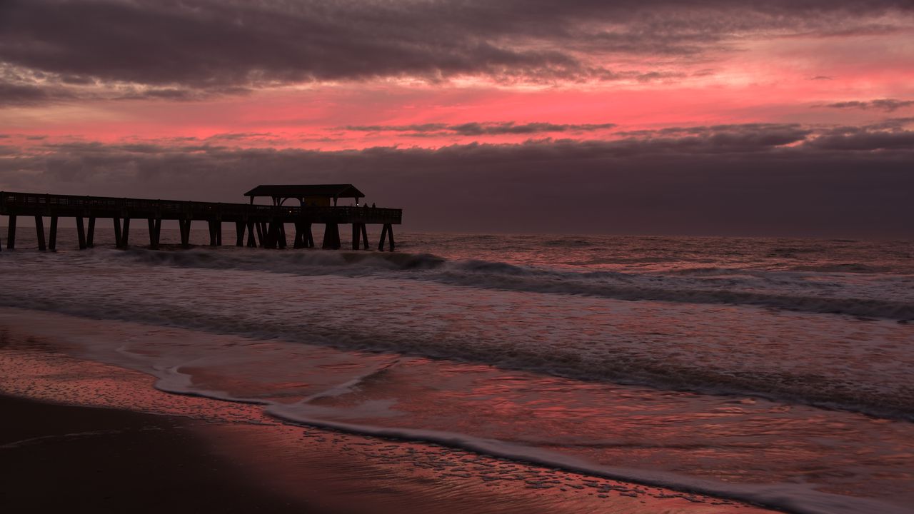 Wallpaper coast, sea, waves, pier, twilight, nature