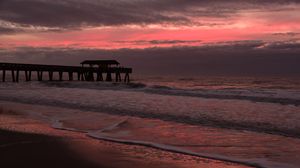 Preview wallpaper coast, sea, waves, pier, twilight, nature