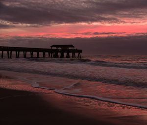 Preview wallpaper coast, sea, waves, pier, twilight, nature