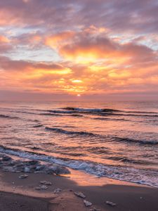Preview wallpaper coast, sea, waves, horizon, sunrise